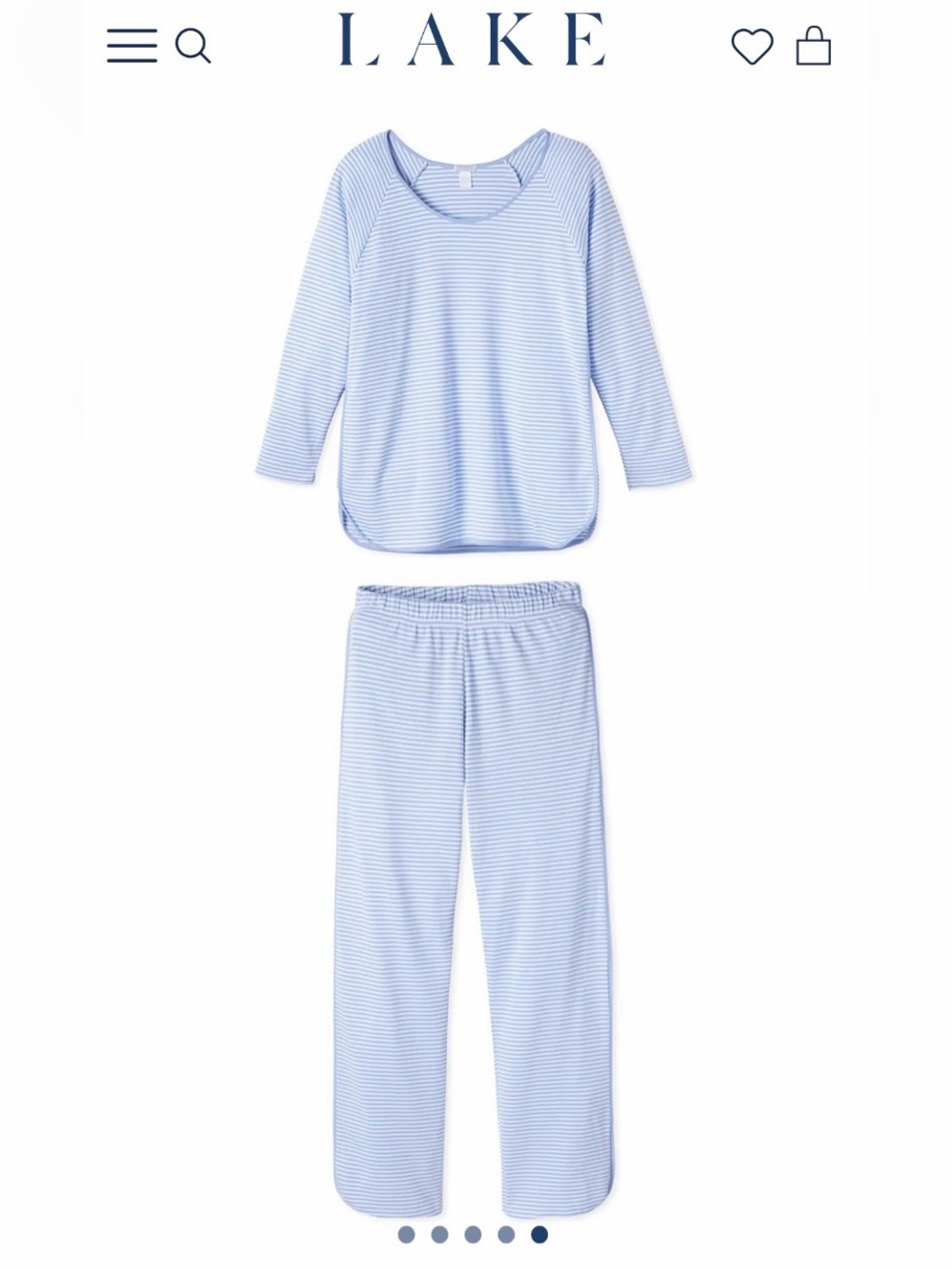 LAKE Pima Long Long Pajama Set Hydrangea Blue Stripe Size Large EUC soft cozy